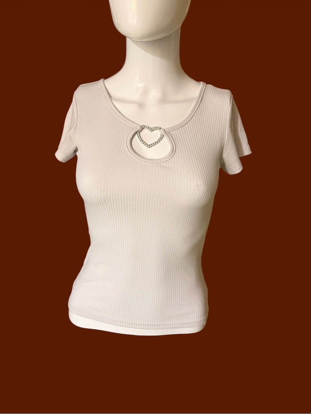 Ribbed Short Sleeve Tee with Heart Cutout and Chain Accent - Cream